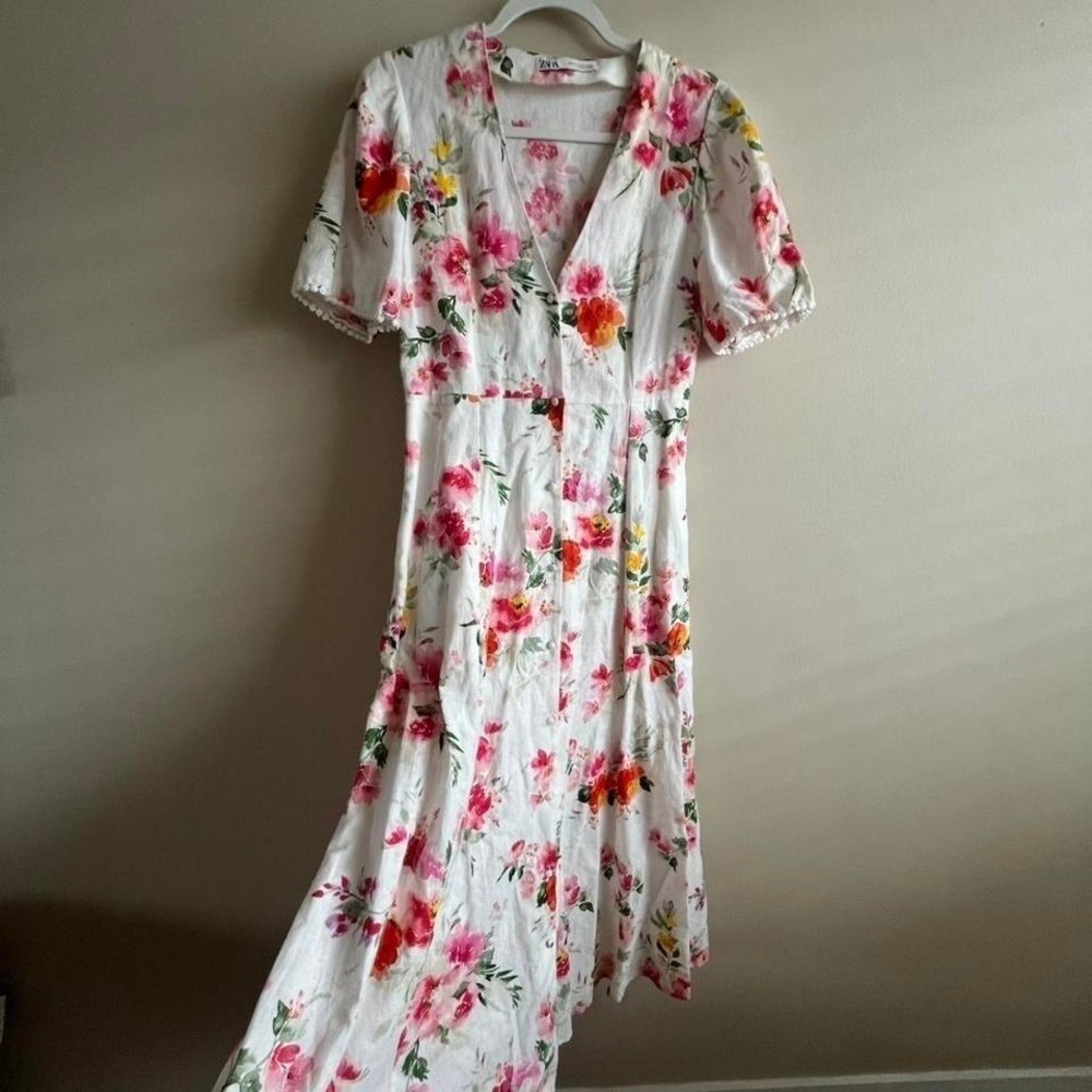 Zara Floral Linen Blend Midi Dress Pink Orange White V-Neck Pom Pom‎ Trim XS